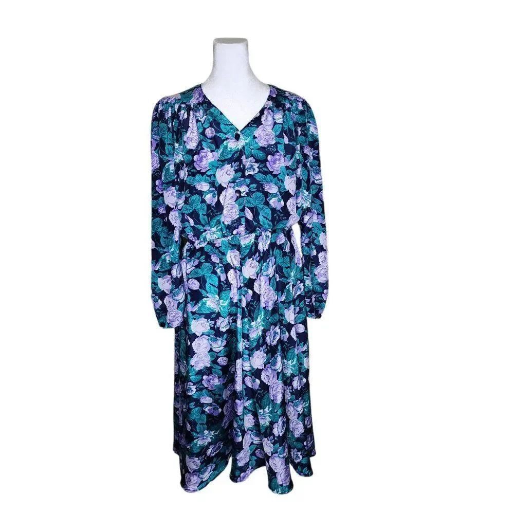 Vintage 80s Long Sleeve Blouson Dress Womens Size M Blue Purple Floral Modest